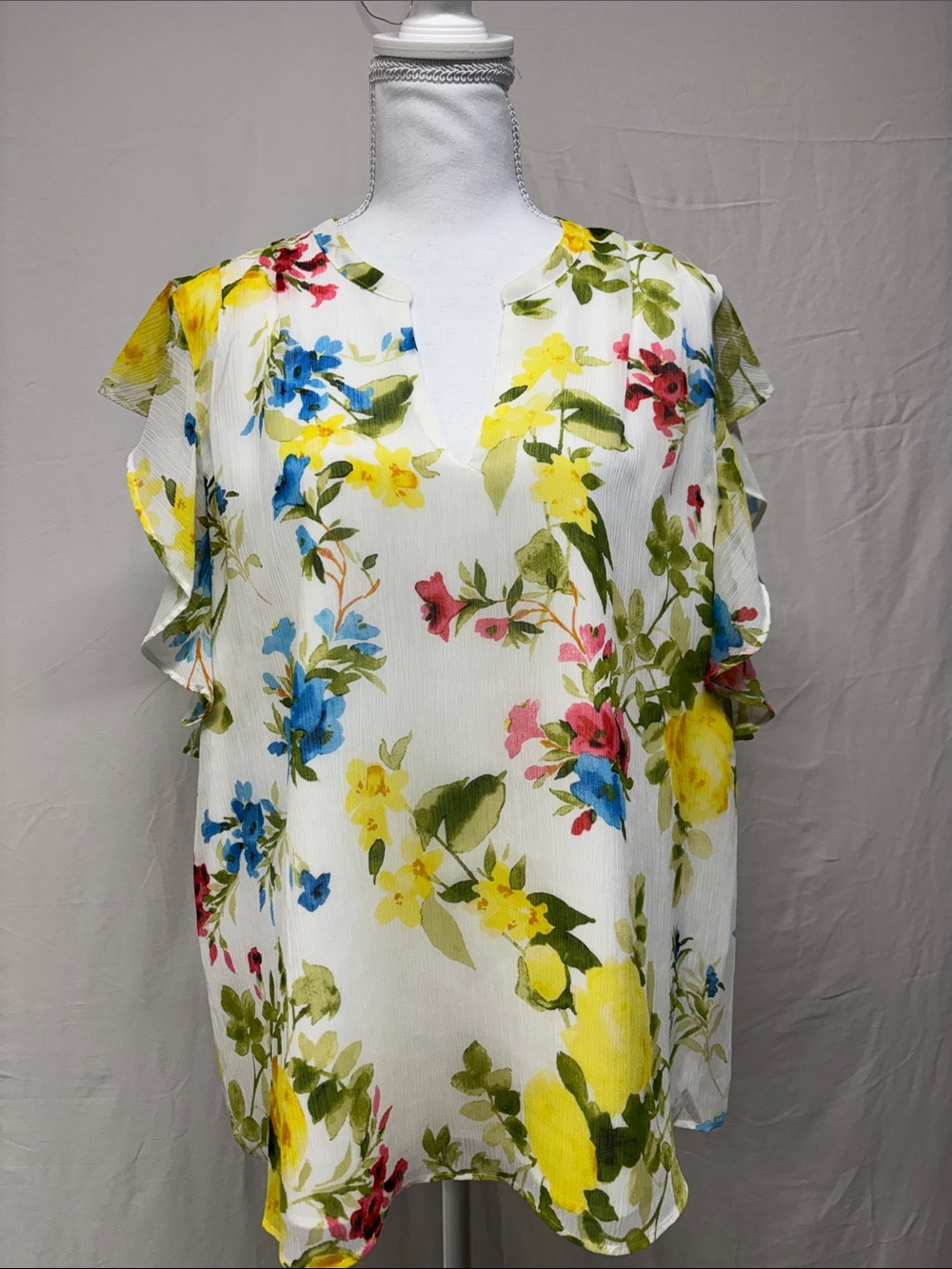 Calvin Klein White Floral V-Neck Ruffle Sleeve Blouse